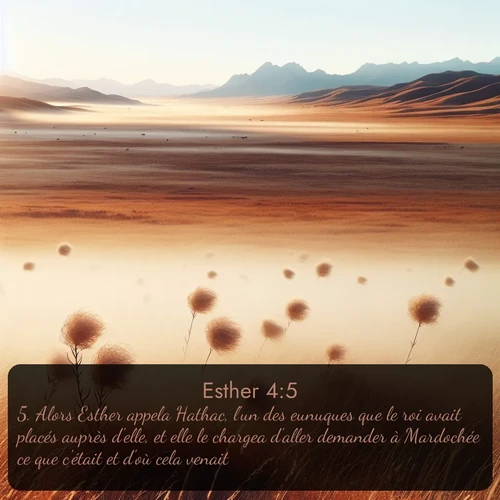 Segond Esther  ; image nature: image avec le verset biblique :Alors Esther appela Hathac, l&#039;un des eunuques que le roi avait placés auprès d&#039;elle, et elle le chargea d&#039;aller demander à Mardochée ce que c&#039;était et d&#039;où cela venait. ;  ; 4:5