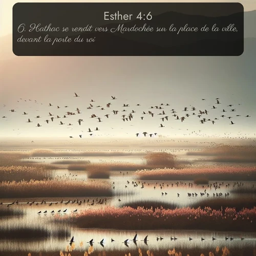 Segond Esther  ; image nature: image avec le verset biblique :Hathac se rendit vers Mardochée sur la place de la ville, devant la porte du roi. ;  ; 4:6