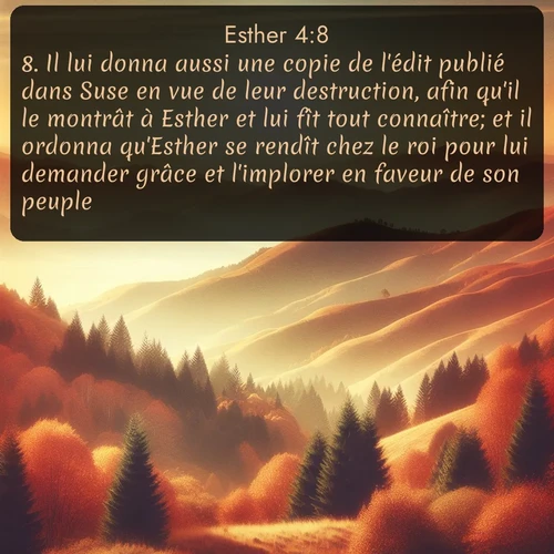 Segond Esther  ; image nature: image avec le verset biblique :Il lui donna aussi une copie de l&#039;édit publié dans Suse en vue de leur destruction, afin qu&#039;il le montrât à Esther et lui fît tout connaître; et il ordonna qu&#039;Esther se rendît chez le roi pour lui demander grâce et l&#039;implorer en faveur de son peuple. ;  ; 4:8