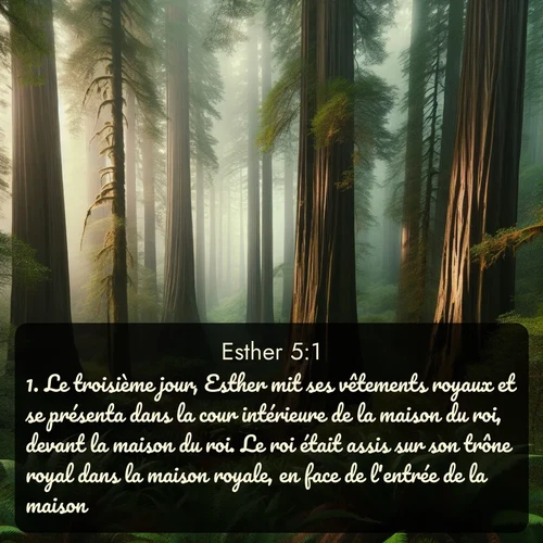 Segond Esther  ; image nature: image avec le verset biblique :Le troisième jour, Esther mit ses vêtements royaux et se présenta dans la cour intérieure de la maison du roi, devant la maison du roi. Le roi était assis sur son trône royal dans la maison royale, en face de l&#039;entrée de la maison. ;  ; 5:1
