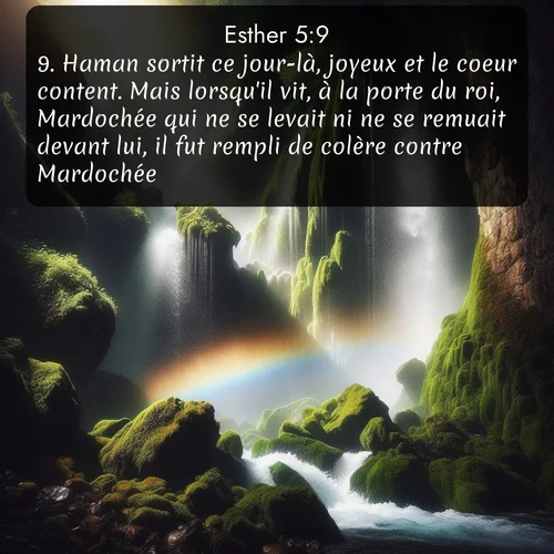 Segond Esther  ; image nature: image avec le verset biblique :Haman sortit ce jour-là, joyeux et le coeur content. Mais lorsqu&#039;il vit, à la porte du roi, Mardochée qui ne se levait ni ne se remuait devant lui, il fut rempli de colère contre Mardochée. ;  ; 5:9