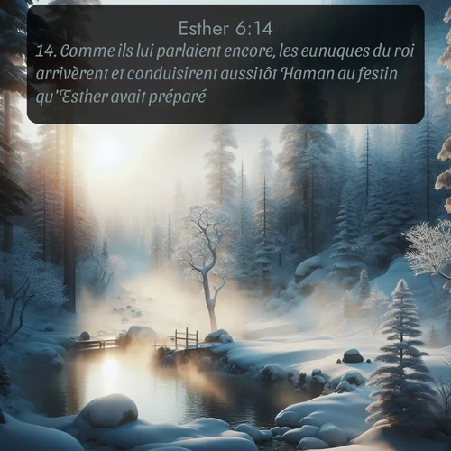 Segond Esther  ; image nature: image avec le verset biblique :Comme ils lui parlaient encore, les eunuques du roi arrivèrent et conduisirent aussitôt Haman au festin qu&#039;Esther avait préparé. ;  ; 6:14