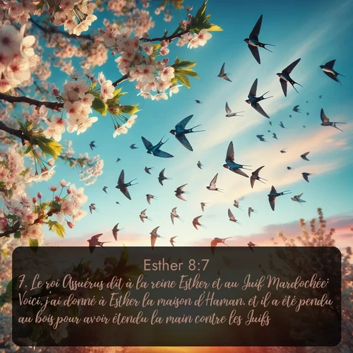 Segond Esther  ; image nature: image avec le verset biblique :Le roi Assuérus dit à la reine Esther et au Juif Mardochée: Voici, j&#039;ai donné à Esther la maison d&#039;Haman, et il a été pendu au bois pour avoir étendu la main contre les Juifs. ;  ; 8:7