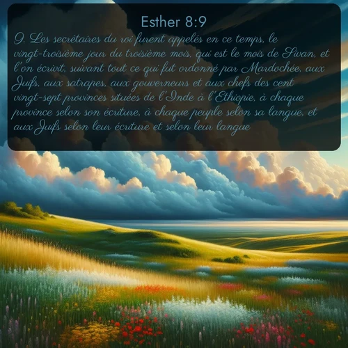 Segond Esther  ; image nature: image avec le verset biblique :Les secrétaires du roi furent appelés en ce temps, le vingt-troisième jour du troisième mois, qui est le mois de Sivan, et l&#039;on écrivit, suivant tout ce qui fut ordonné par Mardochée, aux Juifs, aux satrapes, aux gouverneurs et aux chefs des cent vingt-sept provinces situées de l&#039;Inde à l&#039;Ethiopie, à chaque province selon son écriture, à chaque peuple selon sa langue, et aux Juifs selon leur écriture et selon leur langue. ;  ; 8:9