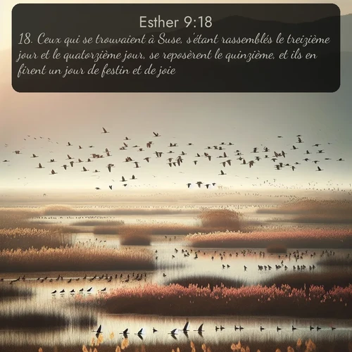 Segond Esther  ; image nature: image avec le verset biblique :Ceux qui se trouvaient à Suse, s&#039;étant rassemblés le treizième jour et le quatorzième jour, se reposèrent le quinzième, et ils en firent un jour de festin et de joie. ;  ; 9:18