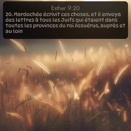 Segond Esther  ; image nature: image avec le verset biblique :Mardochée écrivit ces choses, et il envoya des lettres à tous les Juifs qui étaient dans toutes les provinces du roi Assuérus, auprès et au loin. ;  ; 9:20
