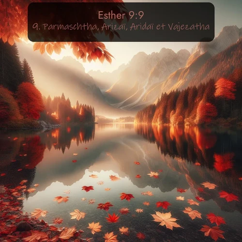 Segond Esther  ; image nature: image avec le verset biblique :Parmaschtha, Arizaï, Aridaï et Vajezatha, ;  ; 9:9