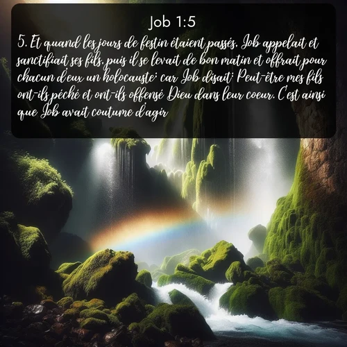 Segond Job  ; image nature: image avec le verset biblique :Et quand les jours de festin étaient passés, Job appelait et sanctifiait ses fils, puis il se levait de bon matin et offrait pour chacun d&#039;eux un holocauste; car Job disait: Peut-être mes fils ont-ils péché et ont-ils offensé Dieu dans leur coeur. C&#039;est ainsi que Job avait coutume d&#039;agir. ;  ; 1:5