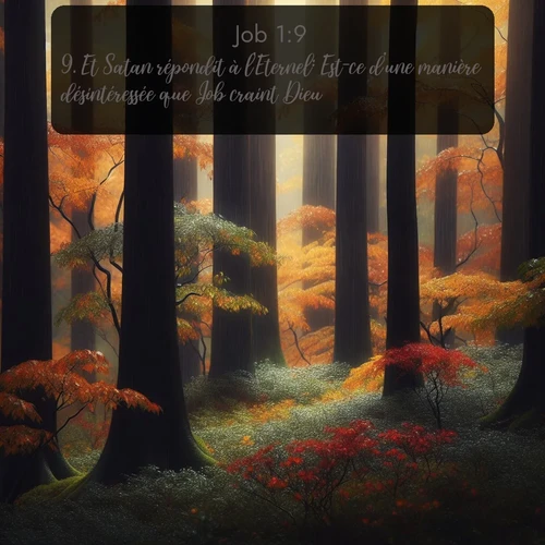 Segond Job  ; image nature: image avec le verset biblique :Et Satan répondit à l&#039;Eternel: Est-ce d&#039;une manière désintéressée que Job craint Dieu? ;  ; 1:9