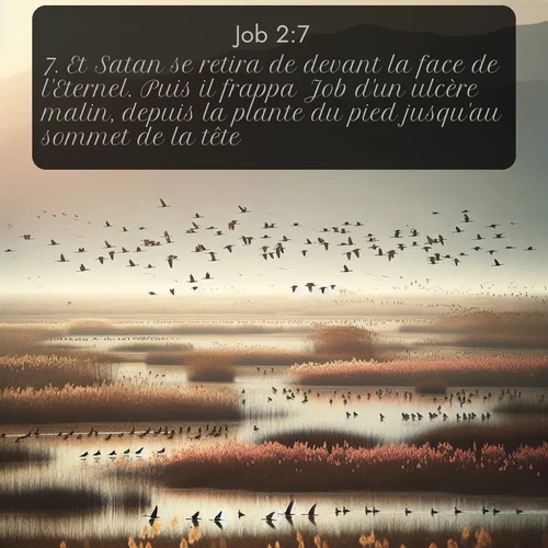 Segond Job  ; image nature: image avec le verset biblique :Et Satan se retira de devant la face de l&#039;Eternel. Puis il frappa Job d&#039;un ulcère malin, depuis la plante du pied jusqu&#039;au sommet de la tête. ;  ; 2:7