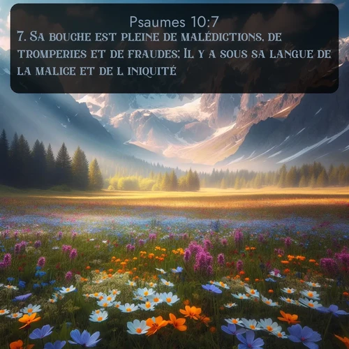 Segond Psaumes  ; image nature: image avec le verset biblique :Sa bouche est pleine de malédictions, de tromperies et de fraudes; Il y a sous sa langue de la malice et de l&#039;iniquité. ;  ; 10:7