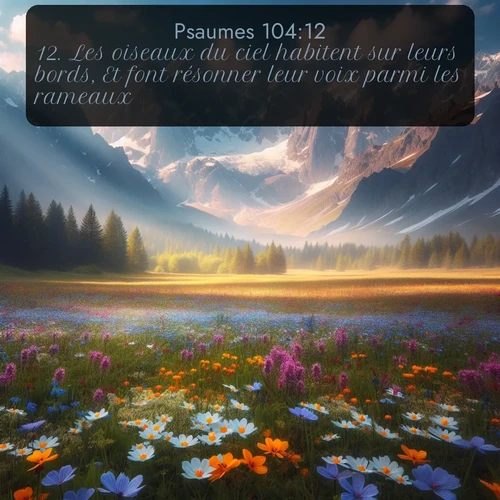 Segond Psaumes  ; image nature: image avec le verset biblique :Les oiseaux du ciel habitent sur leurs bords, Et font résonner leur voix parmi les rameaux. ;  ; 104:12