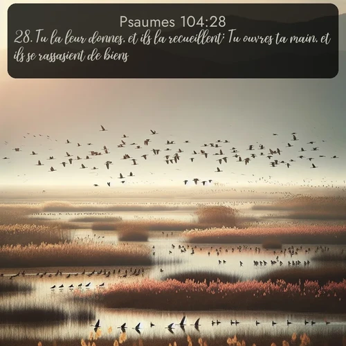 Segond Psaumes  ; image nature: image avec le verset biblique :Tu la leur donnes, et ils la recueillent; Tu ouvres ta main, et ils se rassasient de biens. ;  ; 104:28