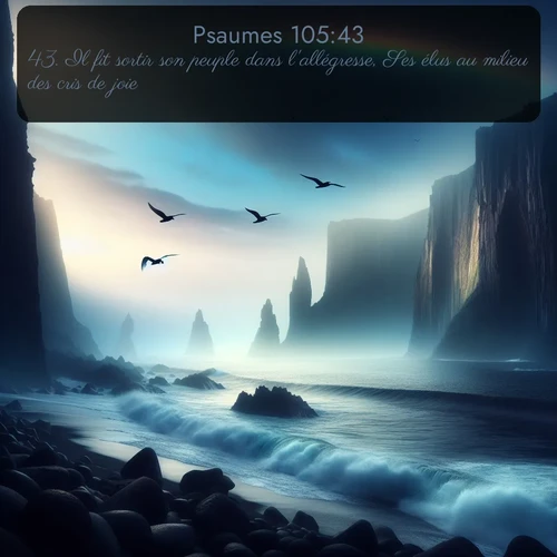 Segond Psaumes  ; image nature: image avec le verset biblique :Il fit sortir son peuple dans l&#039;allégresse, Ses élus au milieu des cris de joie. ;  ; 105:43