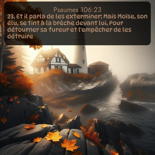 Segond Psaumes  ; image nature: image avec le verset biblique :Et il parla de les exterminer; Mais Moïse, son élu, se tint à la brèche devant lui, Pour détourner sa fureur et l&#039;empêcher de les détruire. ;  ; 106:23