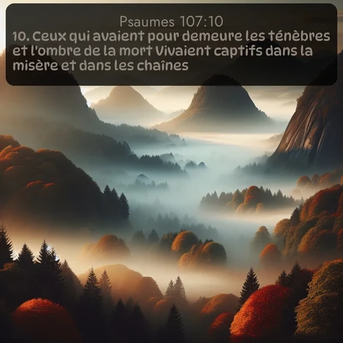 Segond Psaumes  ; image nature: image avec le verset biblique :Ceux qui avaient pour demeure les ténèbres et l&#039;ombre de la mort Vivaient captifs dans la misère et dans les chaînes, ;  ; 107:10