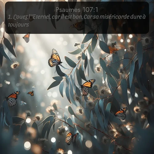 Segond Psaumes  ; image nature: image avec le verset biblique :Louez l&#039;Eternel, car il est bon, Car sa miséricorde dure à toujours! ;  ; 107:1