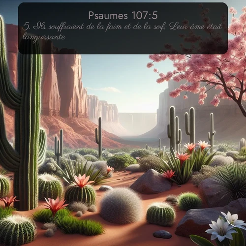 Segond Psaumes  ; image nature: image avec le verset biblique :Ils souffraient de la faim et de la soif; Leur âme était languissante. ;  ; 107:5