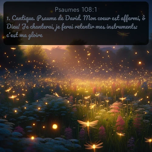 Segond Psaumes  ; image nature: image avec le verset biblique :Cantique. Psaume de David. Mon coeur est affermi, ô Dieu! Je chanterai, je ferai retentir mes instruments: c&#039;est ma gloire! ;  ; 108:1