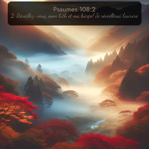 Segond Psaumes  ; image nature: image avec le verset biblique :Réveillez-vous, mon luth et ma harpe! Je réveillerai l&#039;aurore. ;  ; 108:2