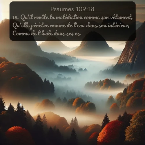 Segond Psaumes  ; image nature: image avec le verset biblique :Qu&#039;il revête la malédiction comme son vêtement, Qu&#039;elle pénètre comme de l&#039;eau dans son intérieur, Comme de l&#039;huile dans ses os! ;  ; 109:18