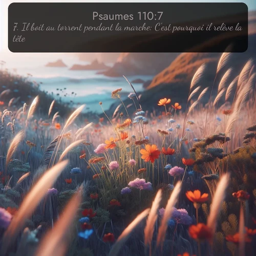 Segond Psaumes  ; image nature: image avec le verset biblique :Il boit au torrent pendant la marche: C&#039;est pourquoi il relève la tête. ;  ; 110:7