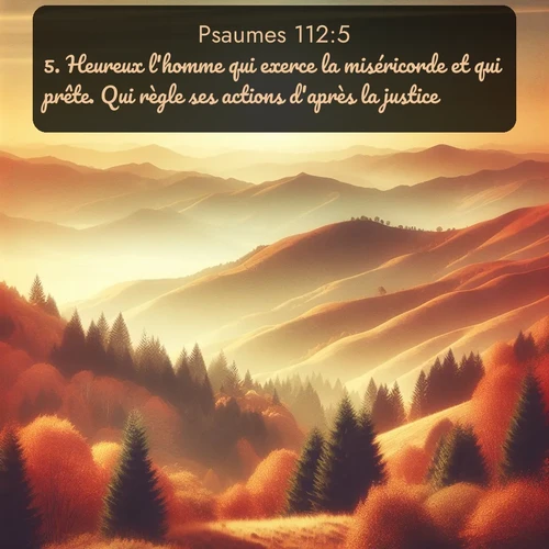 Segond Psaumes  ; image nature: image avec le verset biblique :Heureux l&#039;homme qui exerce la miséricorde et qui prête. Qui règle ses actions d&#039;après la justice. ;  ; 112:5