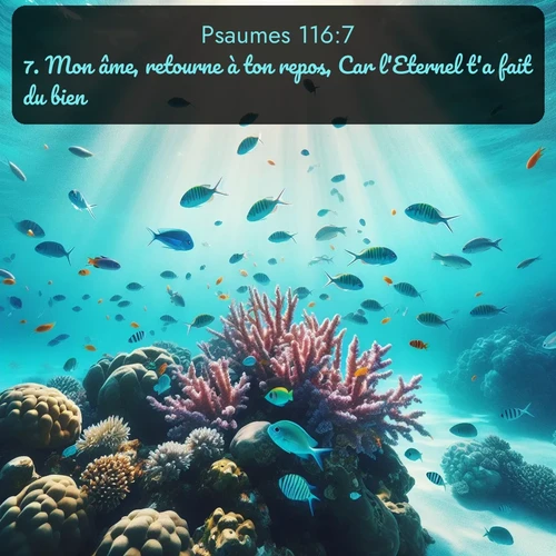Segond Psaumes  ; image nature: image avec le verset biblique :Mon âme, retourne à ton repos, Car l&#039;Eternel t&#039;a fait du bien. ;  ; 116:7
