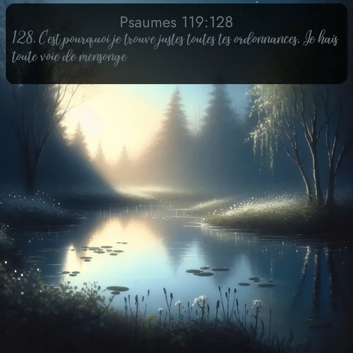 Segond Psaumes  ; image nature: image avec le verset biblique :C&#039;est pourquoi je trouve justes toutes tes ordonnances, Je hais toute voie de mensonge. ;  ; 119:128