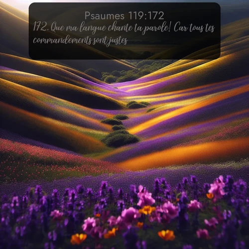 Segond Psaumes  ; image nature: image avec le verset biblique :Que ma langue chante ta parole! Car tous tes commandements sont justes. ;  ; 119:172