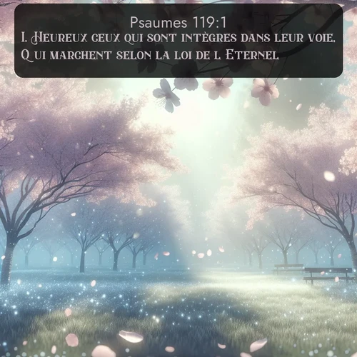 Segond Psaumes  ; image nature: image avec le verset biblique :Heureux ceux qui sont intègres dans leur voie, Qui marchent selon la loi de l&#039;Eternel! ;  ; 119:1