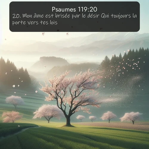 Segond Psaumes  ; image nature: image avec le verset biblique :Mon âme est brisée par le désir Qui toujours la porte vers tes lois. ;  ; 119:20