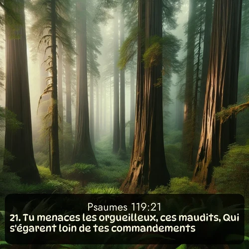 Segond Psaumes  ; image nature: image avec le verset biblique :Tu menaces les orgueilleux, ces maudits, Qui s&#039;égarent loin de tes commandements. ;  ; 119:21