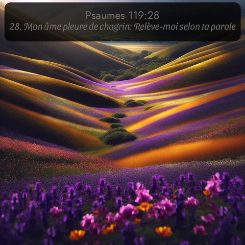 Segond Psaumes  ; image nature: image avec le verset biblique :Mon âme pleure de chagrin: Relève-moi selon ta parole! ;  ; 119:28