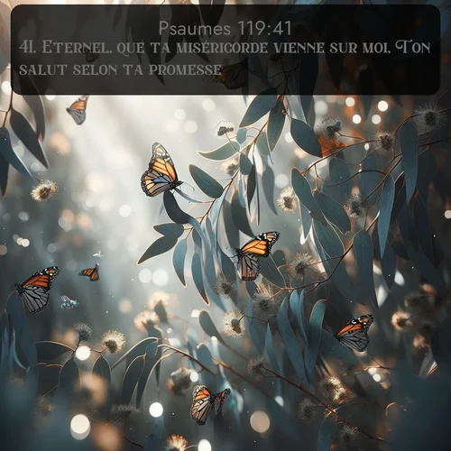 Segond Psaumes  ; image nature: image avec le verset biblique :Eternel, que ta miséricorde vienne sur moi, Ton salut selon ta promesse! ;  ; 119:41