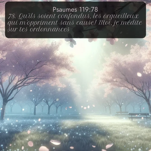 Segond Psaumes  ; image nature: image avec le verset biblique :Qu&#039;ils soient confondus, les orgueilleux qui m&#039;oppriment sans cause! Moi, je médite sur tes ordonnances. ;  ; 119:78