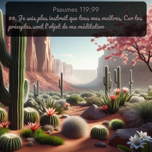 Segond Psaumes  ; image nature: image avec le verset biblique :Je suis plus instruit que tous mes maîtres, Car tes préceptes sont l&#039;objet de ma méditation. ;  ; 119:99