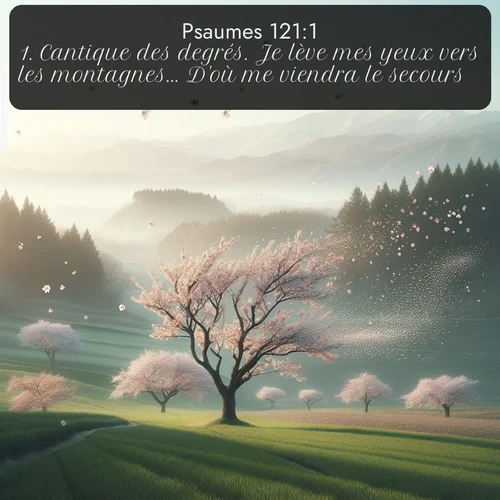 Segond Psaumes  ; image nature: image avec le verset biblique :Cantique des degrés. Je lève mes yeux vers les montagnes... D&#039;où me viendra le secours? ;  ; 121:1
