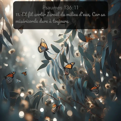 Segond Psaumes  ; image nature: image avec le verset biblique :Et fit sortir Israël du milieu d&#039;eux, Car sa miséricorde dure à toujours! ;  ; 136:11