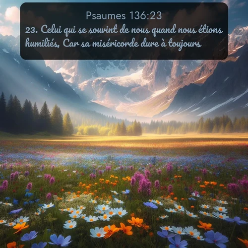 Segond Psaumes  ; image nature: image avec le verset biblique :Celui qui se souvint de nous quand nous étions humiliés, Car sa miséricorde dure à toujours! ;  ; 136:23