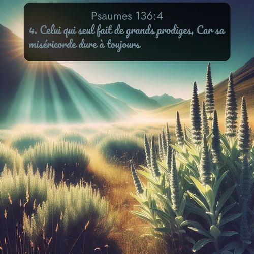 Segond Psaumes  ; image nature: image avec le verset biblique :Celui qui seul fait de grands prodiges, Car sa miséricorde dure à toujours! ;  ; 136:4