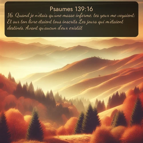 Segond Psaumes  ; image nature: image avec le verset biblique :Quand je n&#039;étais qu&#039;une masse informe, tes yeux me voyaient; Et sur ton livre étaient tous inscrits Les jours qui m&#039;étaient destinés, Avant qu&#039;aucun d&#039;eux existât. ;  ; 139:16