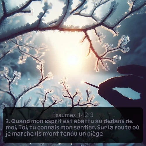 Segond Psaumes  ; image nature: image avec le verset biblique :Quand mon esprit est abattu au dedans de moi, Toi, tu connais mon sentier. Sur la route où je marche Ils m&#039;ont tendu un piège. ;  ; 142:3