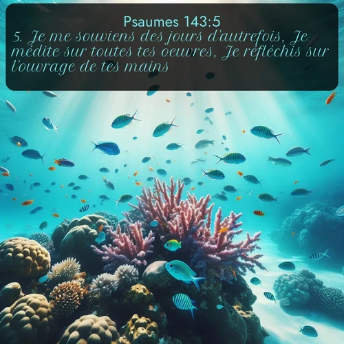 Segond Psaumes  ; image nature: image avec le verset biblique :Je me souviens des jours d&#039;autrefois, Je médite sur toutes tes oeuvres, Je réfléchis sur l&#039;ouvrage de tes mains. ;  ; 143:5