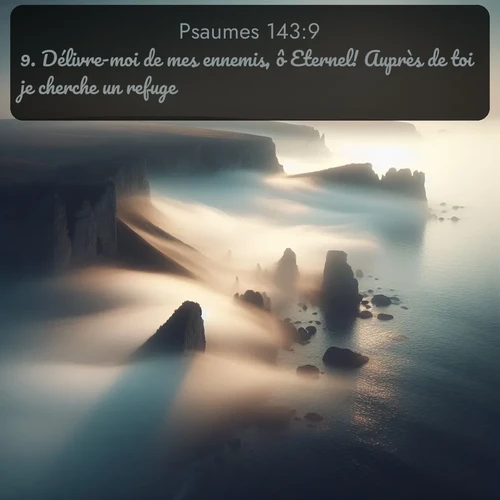 Segond Psaumes  ; image nature: image avec le verset biblique :Délivre-moi de mes ennemis, ô Eternel! Auprès de toi je cherche un refuge. ;  ; 143:9