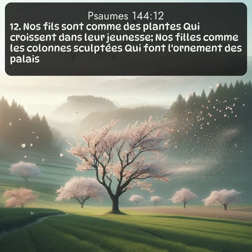Segond Psaumes  ; image nature: image avec le verset biblique :Nos fils sont comme des plantes Qui croissent dans leur jeunesse; Nos filles comme les colonnes sculptées Qui font l&#039;ornement des palais. ;  ; 144:12