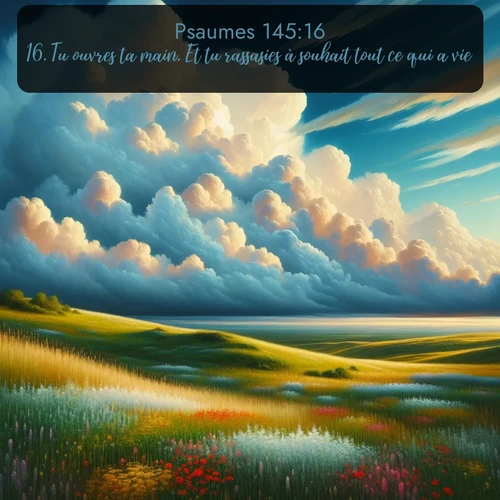 Segond Psaumes  ; image nature: image avec le verset biblique :Tu ouvres ta main, Et tu rassasies à souhait tout ce qui a vie. ;  ; 145:16
