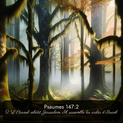 Segond Psaumes  ; image nature: image avec le verset biblique :L&#039;Eternel rebâtit Jérusalem, Il rassemble les exilés d&#039;Israël; ;  ; 147:2