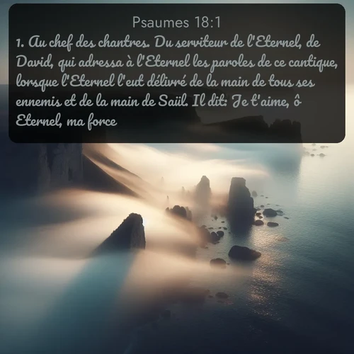 Segond Psaumes  ; image nature: image avec le verset biblique :Au chef des chantres. Du serviteur de l&#039;Eternel, de David, qui adressa à l&#039;Eternel les paroles de ce cantique, lorsque l&#039;Eternel l&#039;eut délivré de la main de tous ses ennemis et de la main de Saül. Il dit: Je t&#039;aime, ô Eternel, ma force! ;  ; 18:1