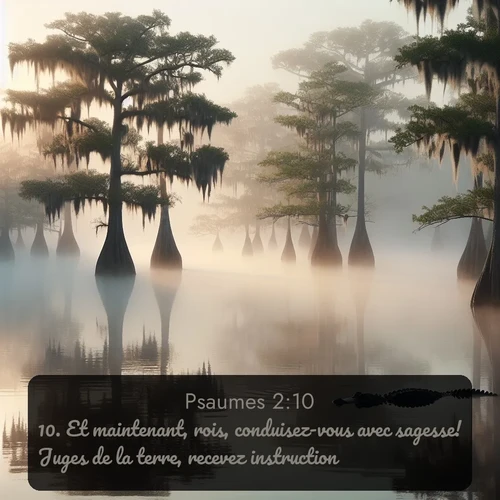 Segond Psaumes  ; image nature: image avec le verset biblique :Et maintenant, rois, conduisez-vous avec sagesse! Juges de la terre, recevez instruction! ;  ; 2:10